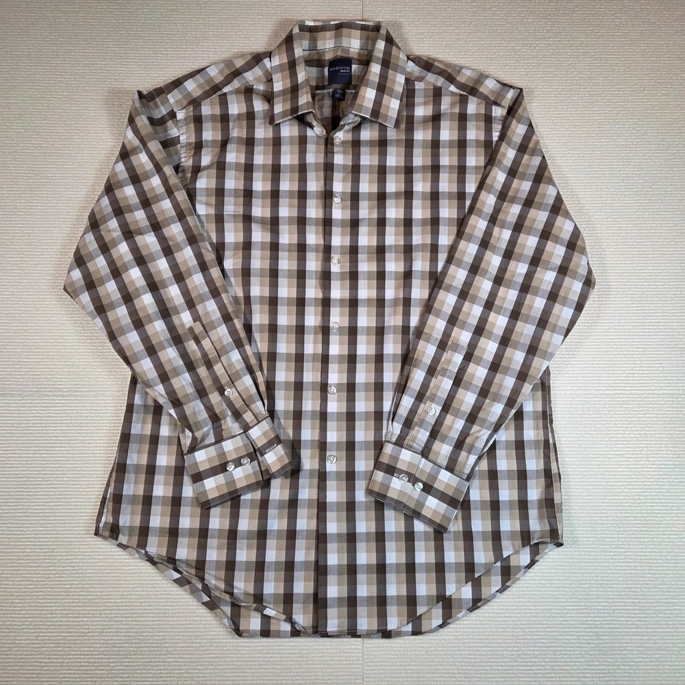 Madison Shirt Mens  L Brown Plaid Long Sleeve Button Up Slim Fit